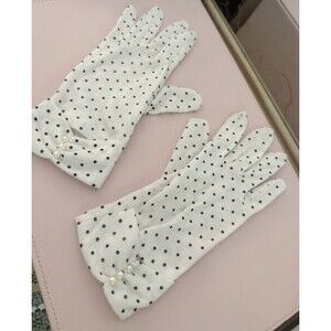 Unique Vintage Womans White Polka Dot Embellished Short Gloves Retro Dapper Day